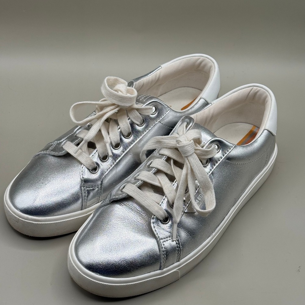Sam Edelman Aubrie Silver Metallic Leather Low Top Sneakers Womens 8M EUR 38.5